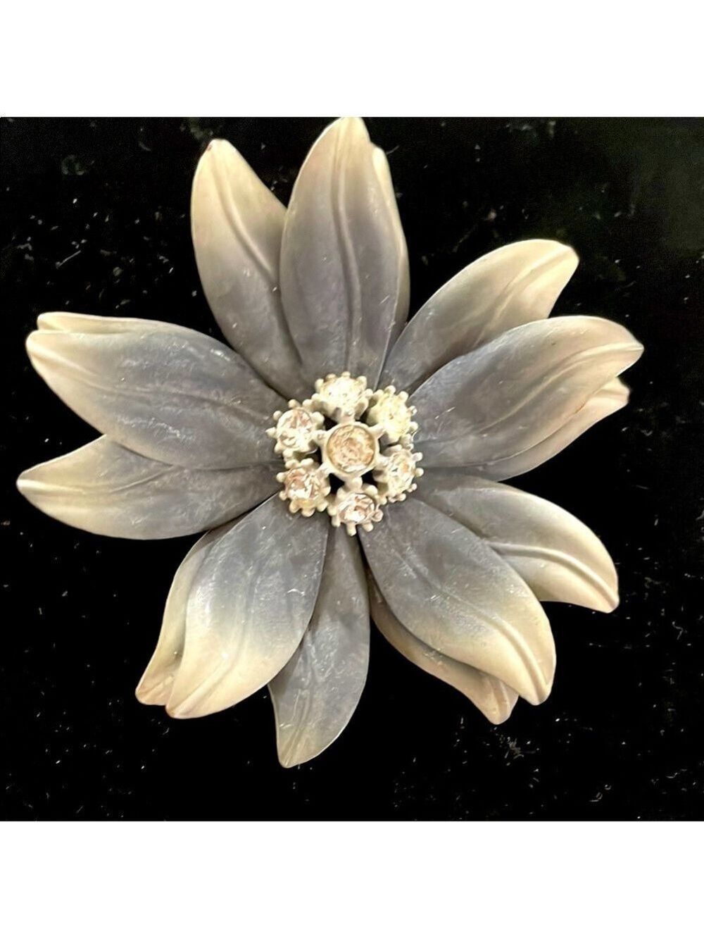 Vintage light and dark grey 3D Flower Brooch with rhinestone center